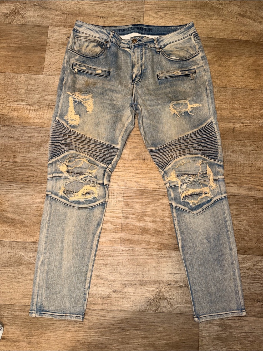 Light Blue Distressed Skinny Biker Jeans for Men